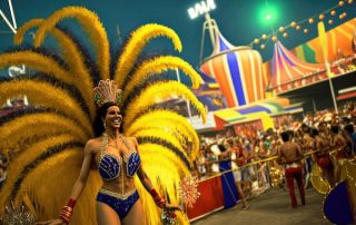 Bunte Karnevalsumzüge in Rio de Janeiro mit Menschen in spektakulären Kostümen und strahlenden Farben – das Herz des brasilianischen Karnevals.
