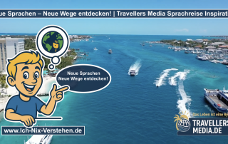 Eine Reisende mit Rucksack blickt in die Ferne, Symbol für Sprachreisen, neue Kulturen und das Lernen von Sprachen mit Travellers Media.